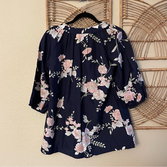 Vintage Malihini Floral Blouse Top Hawaiian 70s Boho Asian Artsy Blue Sz M B34 - Picture 2 of 9